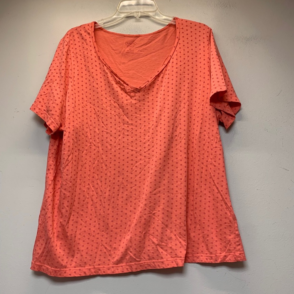 Talbots Polka Dot V-Neck Top Women 1X Coral Excellent Cotton Short Sleeve Tee